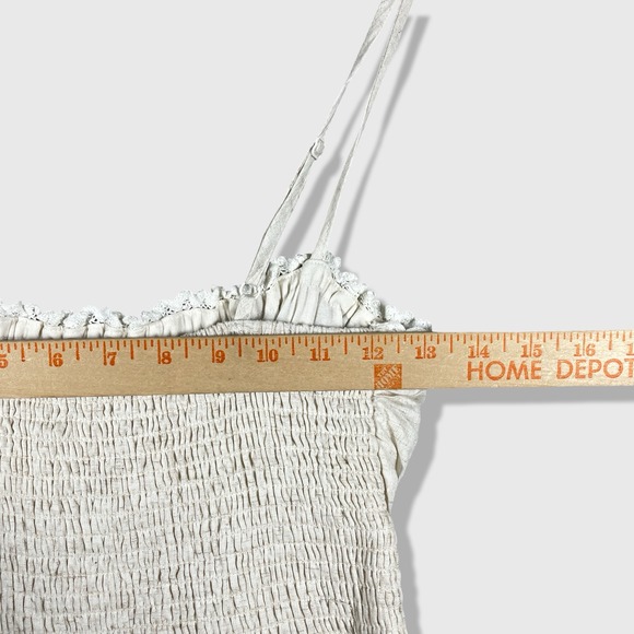 Very J Midi Dress Women Medium Beige Cottagecore Boho Smocked Tiered Lace Trim - Picture 5 of 8